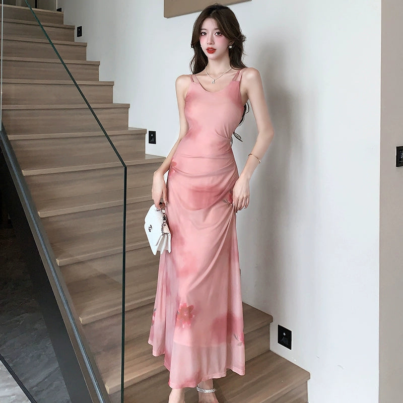 Fashion women's wear Gentle Pink Mori Dress Design Sleeveless Camisole Dress Women's Summer Fashion Tie-Dye A- line Dress