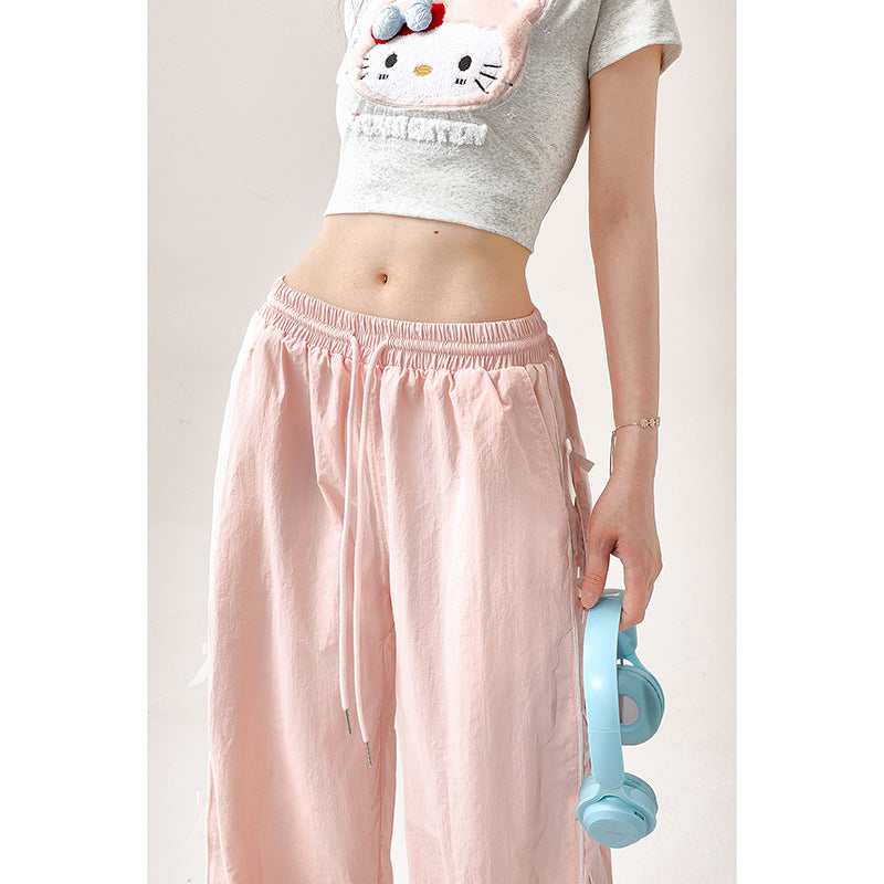 Dopamine pants Free shipping Tattoo Pink dopamine bow quick-drying overalls women's summer new thin straight casual loose wide-leg pants