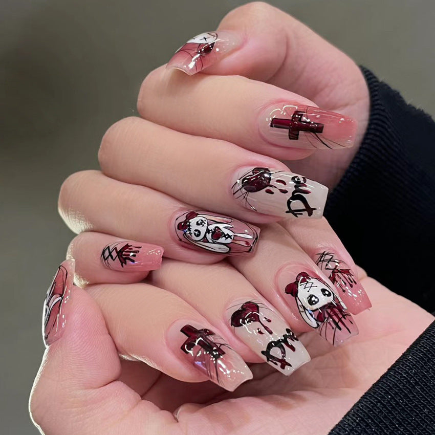 Fashion  nail Cross-Border Halloween Wear Nail Ghost Doll Cross Short 24 Pieces Fake Nail Patch Nail Sticker Wholesale W11