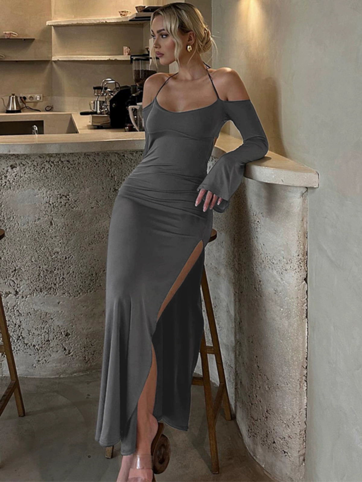 Fashion women's wear Slimming off-Shoulder Long Sleeve Halter Dress Early Autumn New Hot Girl Sexy Backless Sheath Split Dress Fashion