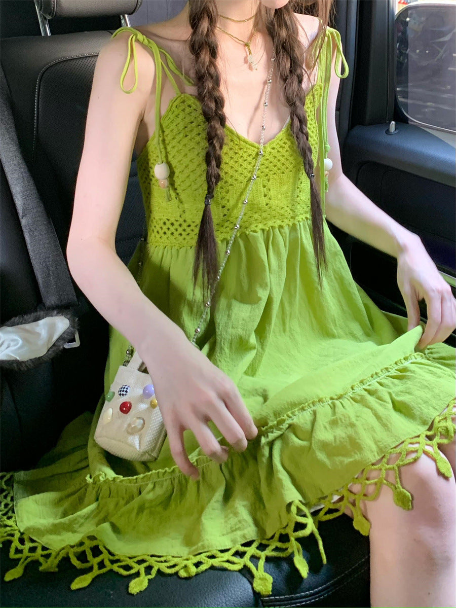 Dopamine dress Free shipping Tattoo Avocado green knitted hollow fringed suspender dress women's summer seaside vacation wind summer dopamine skirt