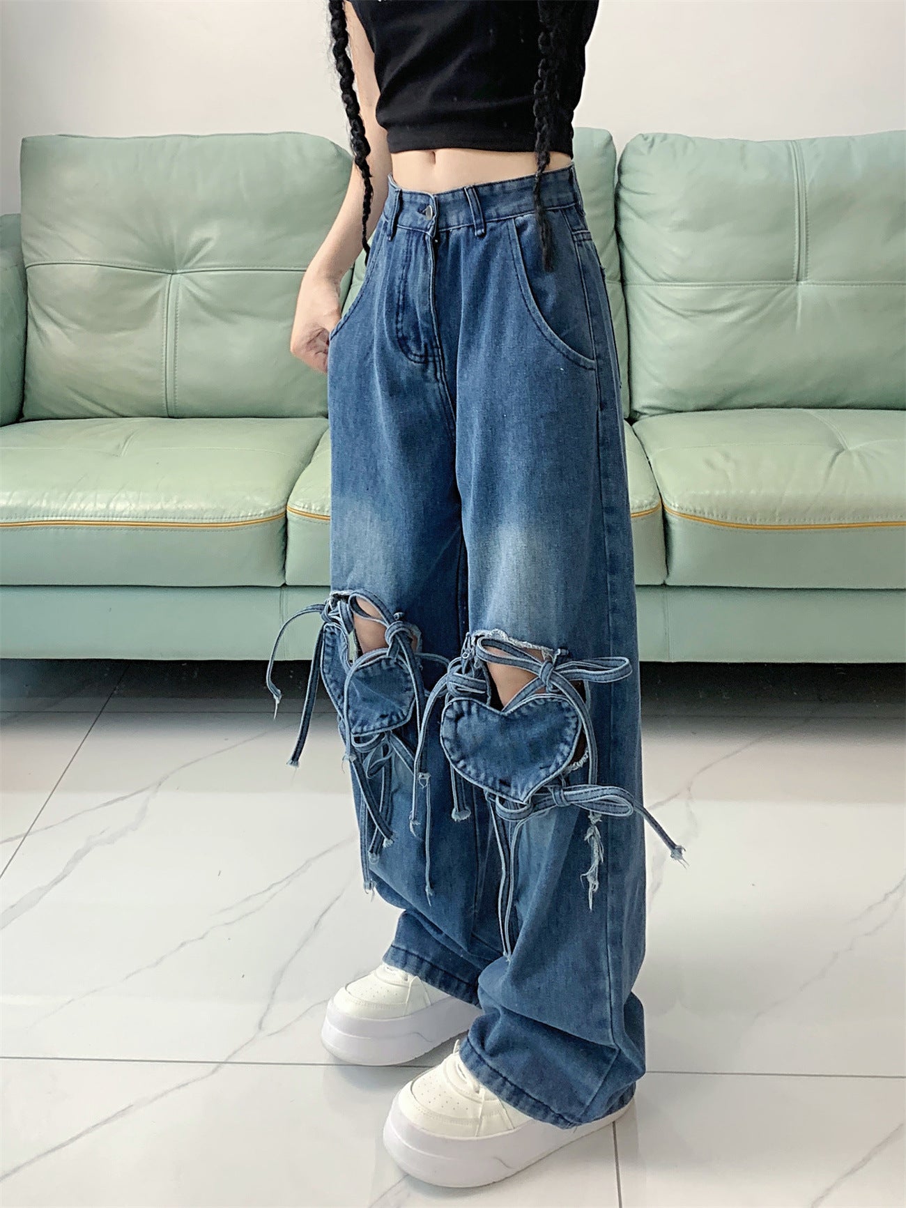 Dopamine pants Free shipping Tattoo Jeans women's spring dopamine wear retro love strap design sense straight women's pants tide