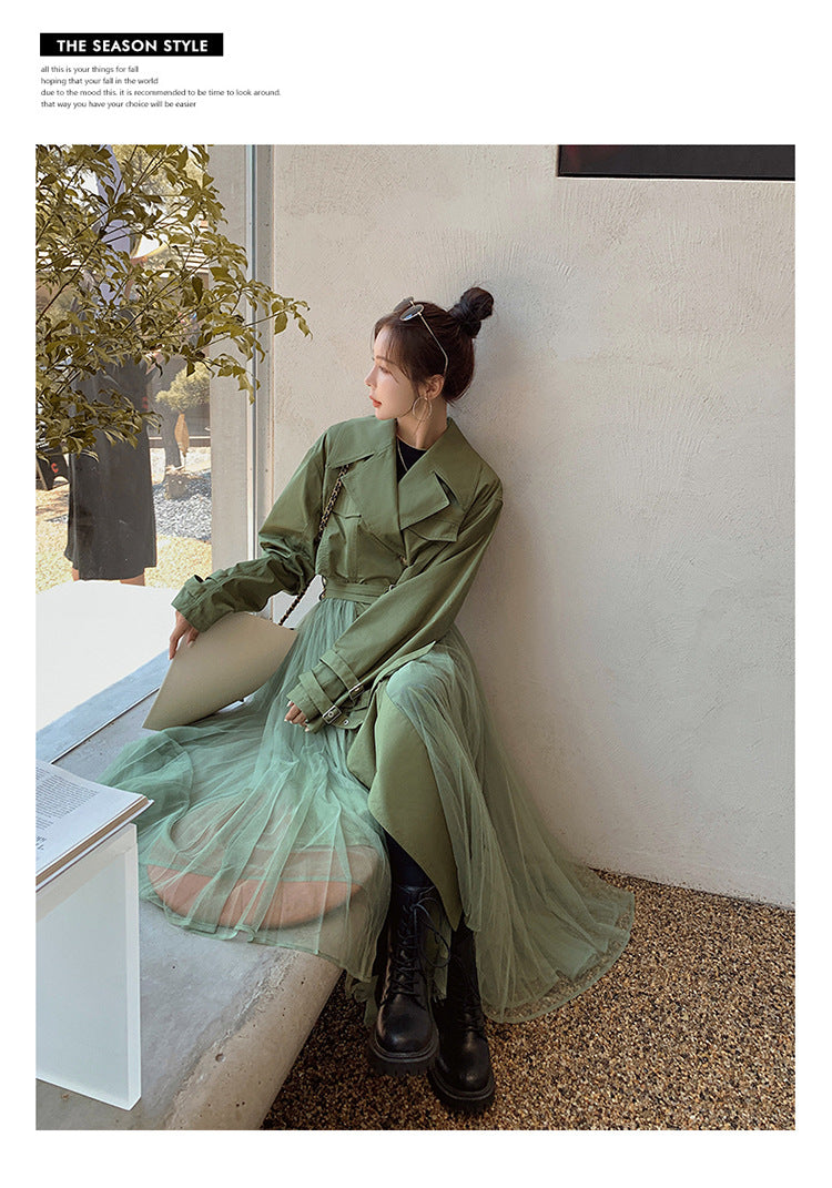 Fashion women's wear A Large Number of in Stock 2024   Purpleflower Holly Leaf Spring and Autumn Trench Coat Women's French Mesh Stitching Casual Temperament Coat