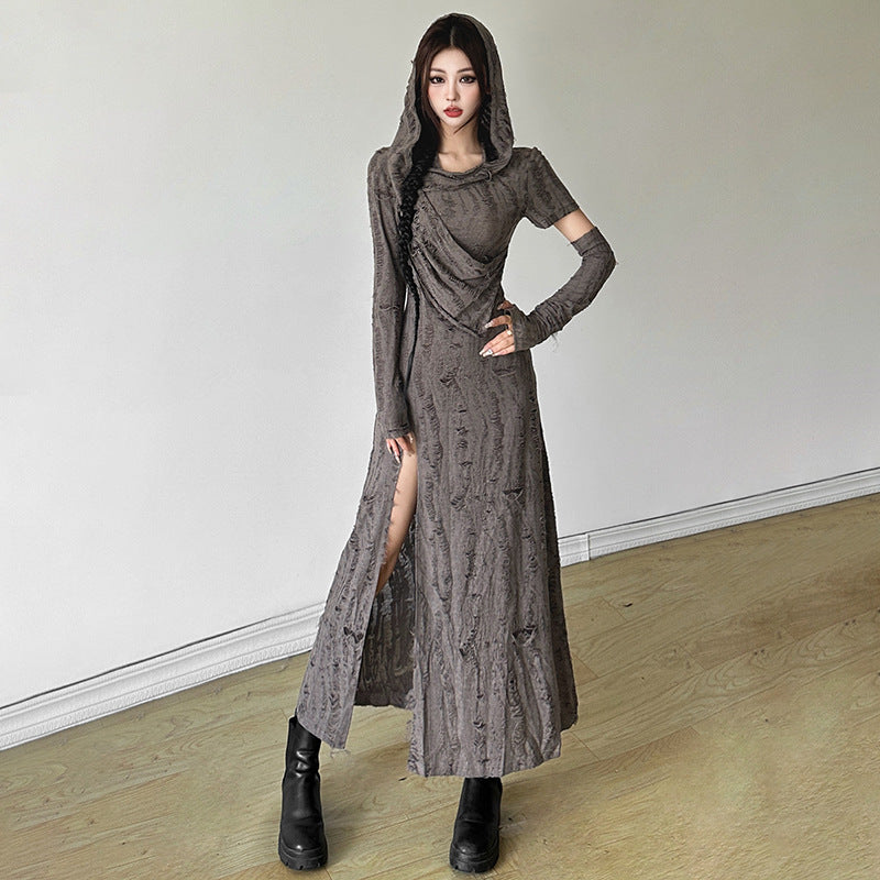 Free shipping   new women's clothing solid color slim-fitting high-waisted fashion hooded long-sleeved split dress
