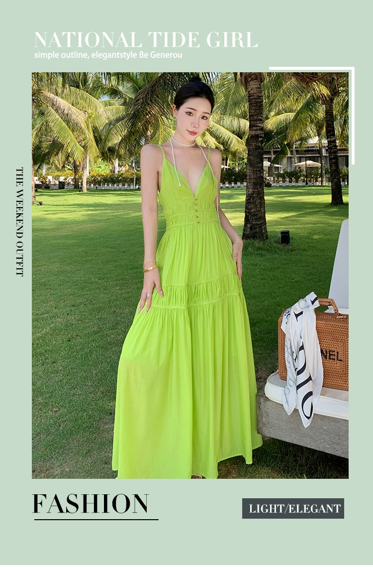 Fashion women's wear Summer Dopamine Seaside Vacation Deep V Dress Green Suspenders Ankle-Length Dress Sanya Slimming Beach Skirt Female