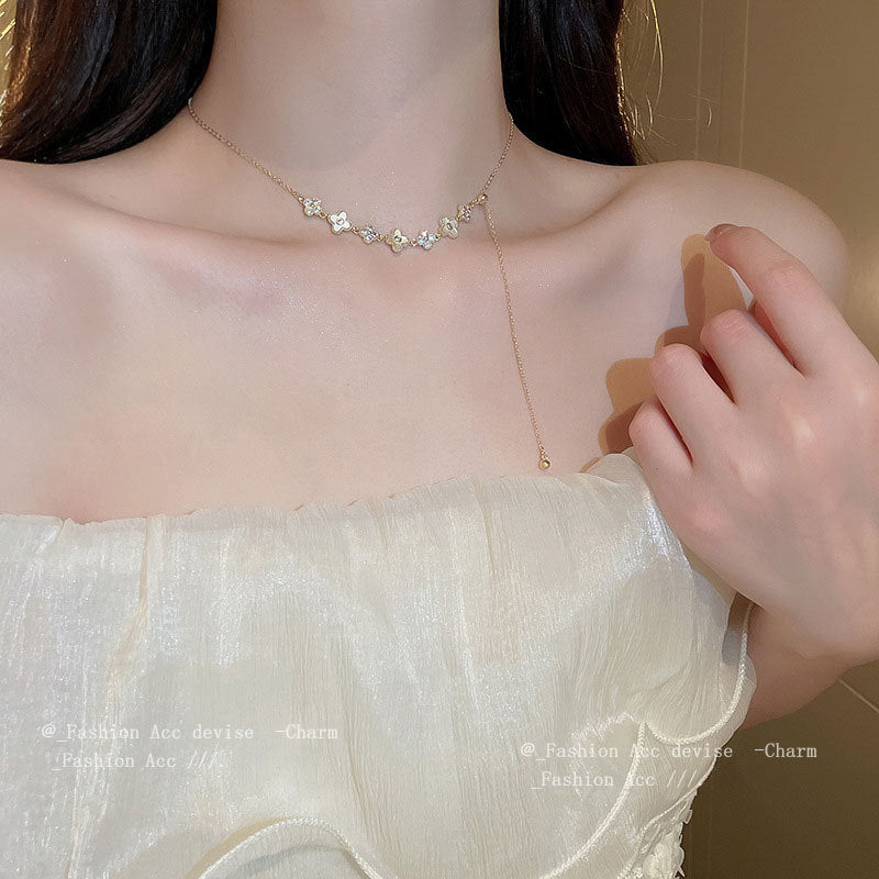 真金电镀锆石贝母花朵可调节项链轻奢高级感锁骨链百搭项饰女批发
