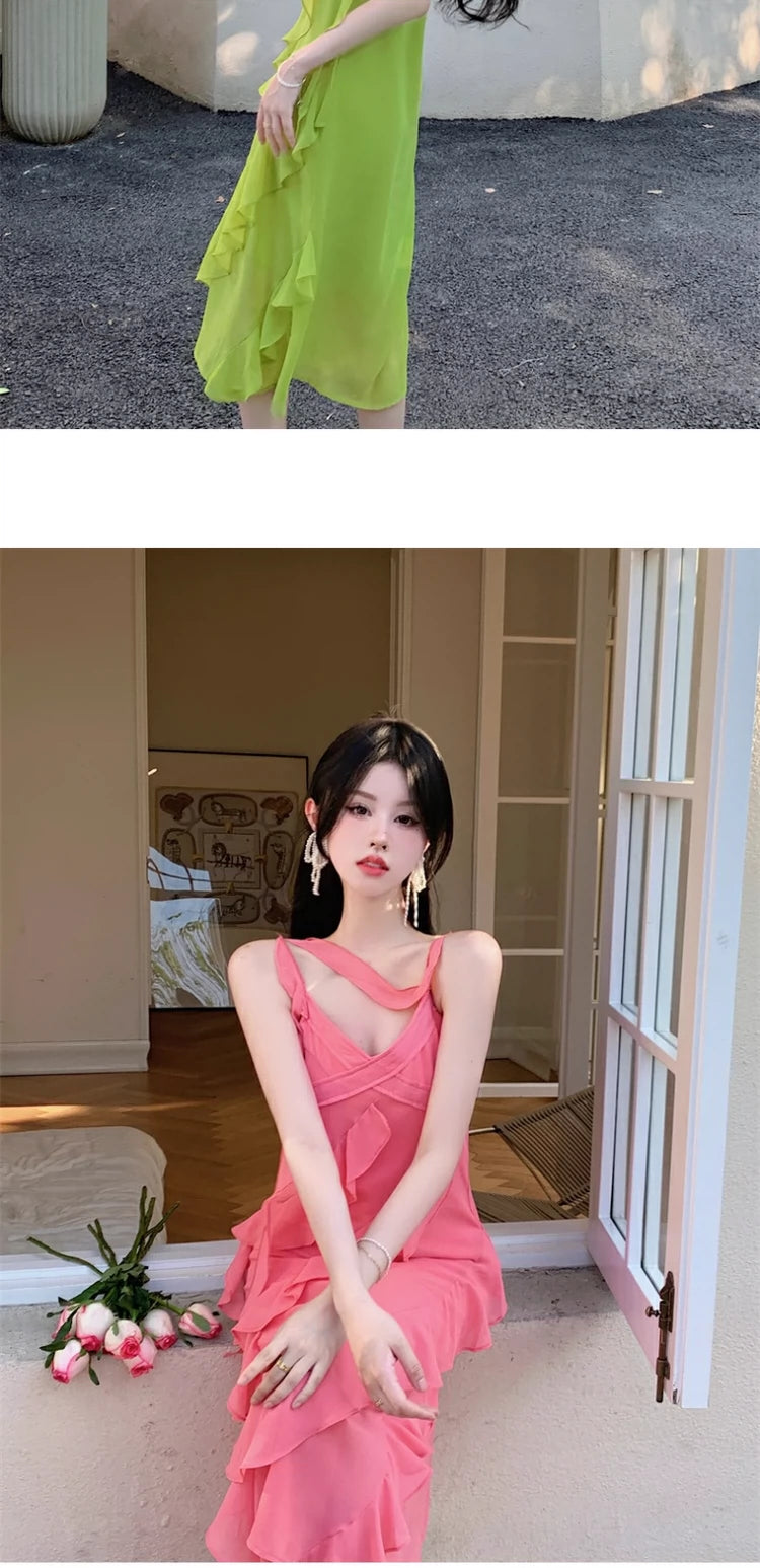 Fashion women's wear French Style Green Suspenders Dress Women's Summer V-neck Elegant Ruffle Waist-Tight Seaside Vacation Beach Dress