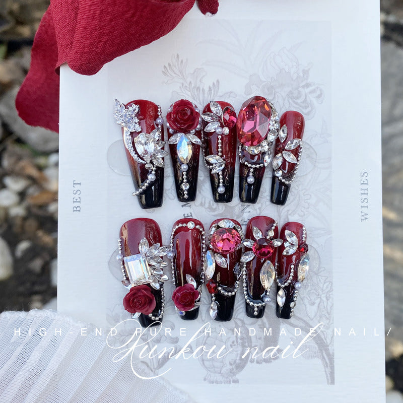 (Hand-Made Nail) Handmade Wear Nail Factory Straight Hair Huazi Purple Heavy Industry Gradient Butterfly Flower Advanced Blooming Manicure