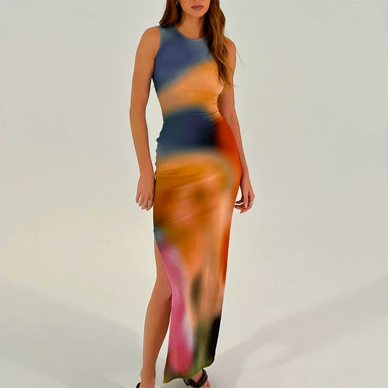 Fashion women's wear European and American Ins Star Tie-Dye Design Sleeveless Dress Summer New Hot Girl Sheath Split Dress Fashion