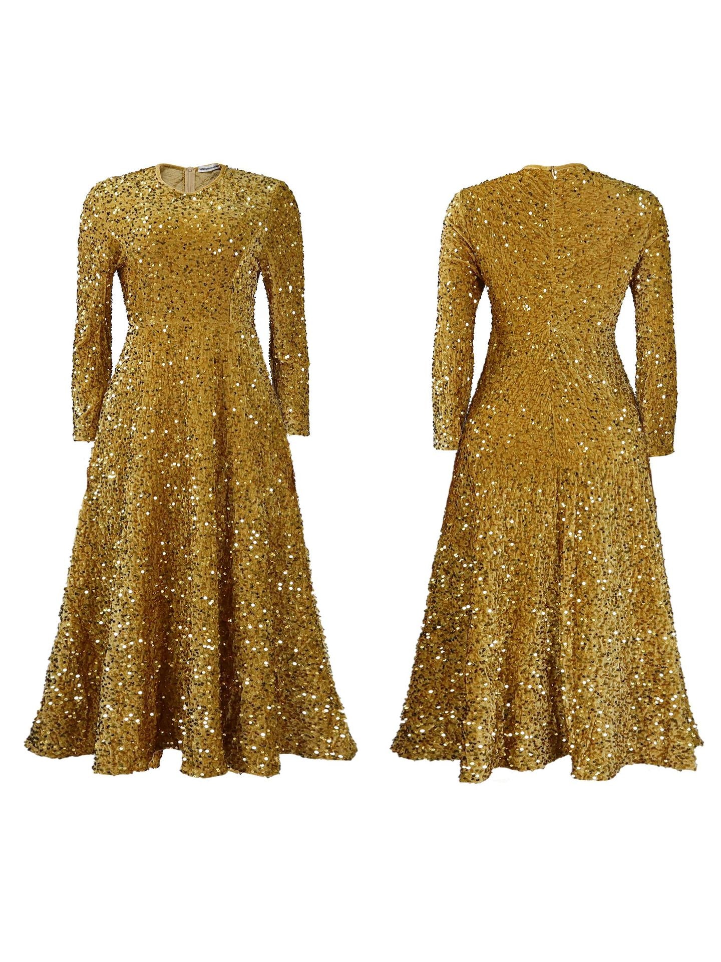Fashion women's wear D469 Cross-Border New Arrival Women's round Neck Long Sleeve Pure Color Sequins High Waist Temperament Mid-Length Formal Dress European and American Style Dress