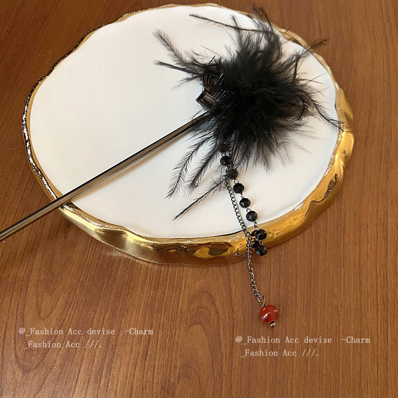 头饰发簪镶钻羽毛珍珠流苏发簪新中式超仙气质发杈古风小众设计感发饰批发
