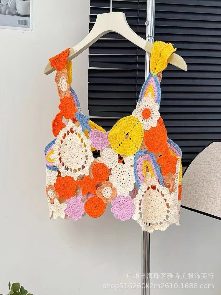Dopamine tops Free shipping Tattoo Dopamine girly feeling colorful flower hollow sling vest women's summer design sense niche sweet knitted top