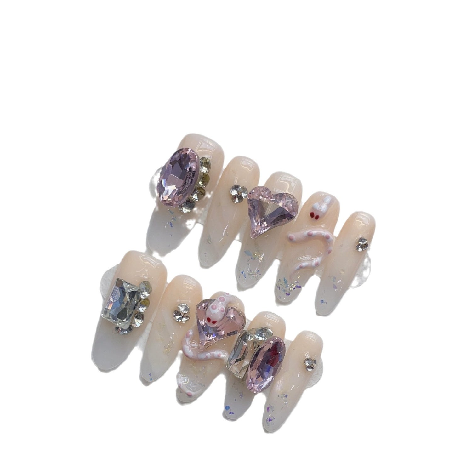 (Hand-Made Nail) Wear Nail Handmade Finished Nail Beauty Fake Nail Patch Niche Advanced Pink Baby Snake Ice Transparent Nude Color Flashing