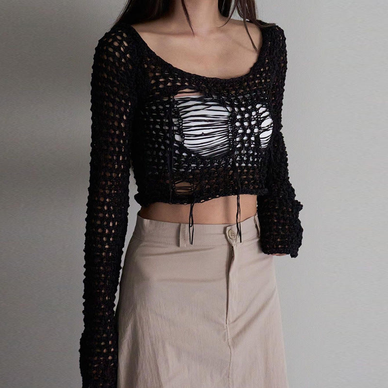 Fashion women's wear  Women's Clothing 2024 New Woolen Blouse Broken Hole Design Sexy Hot Girl Style Short Long Sleeve Top Wholesale