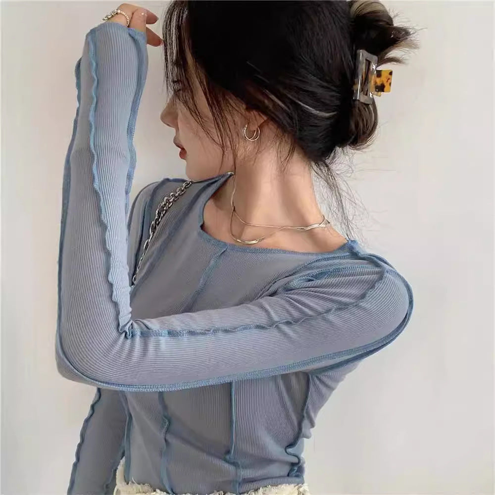 Free shipping women's clothing bright line niche design solid color base T-shirt versatile and thin long sleeves tops