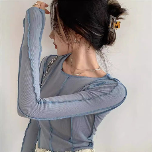 Free shipping women's clothing bright line niche design solid color base T-shirt versatile and thin long sleeves tops