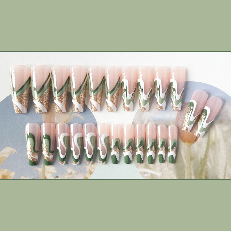 白绿金闪穿戴甲法式nails 跨境美甲片外贸假指甲棺材甲型美甲贴片
