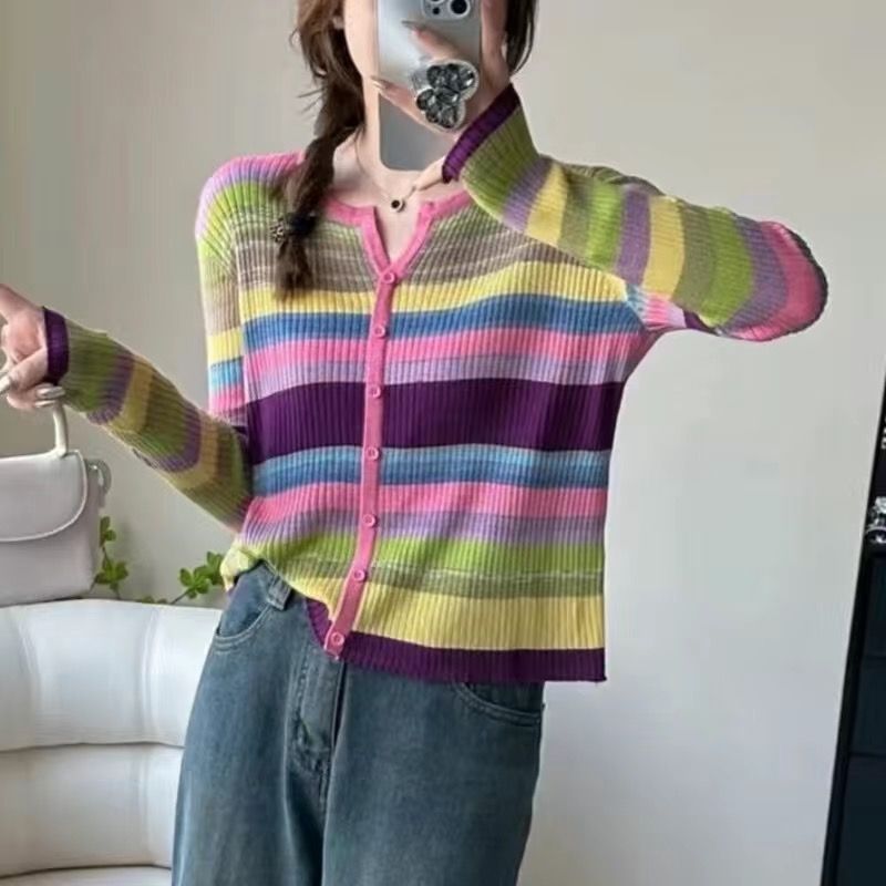 Dopamine tops Free shipping Tattoo Early autumn new striped versatile contrasting colors rainbow dopamine wear long-sleeved V-neck knitted sweater women