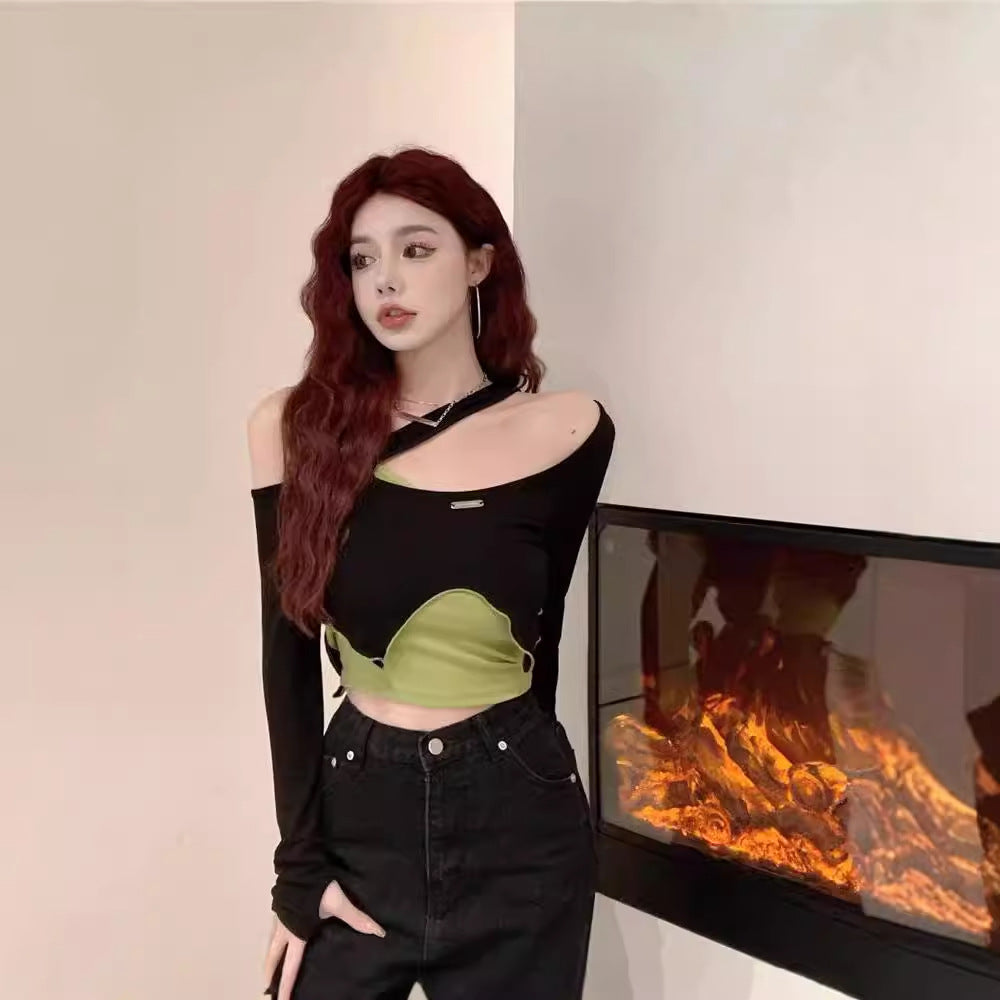 Free shipping   Cool girls and hot girls wear sweet and spicy tops ins jazz girl group pure desire style slim T-shirt women's clothing design sense niche tops