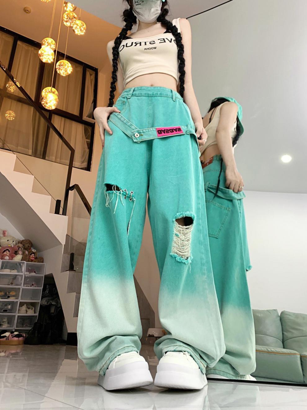 Dopamine pants Free shipping Tattoo Gradual change color ripped dopamine wear jeans women's summer new high waist thin loose meat wide leg pants tide