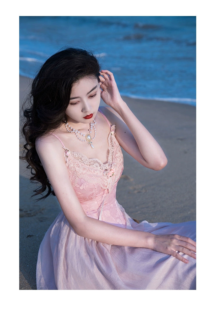 Fashion women's wear French Fried Street Tea Break Milk Sweet Escape Princess Dress Sweet Salt Pink Roses Pure Desire Beautiful Sling Dress