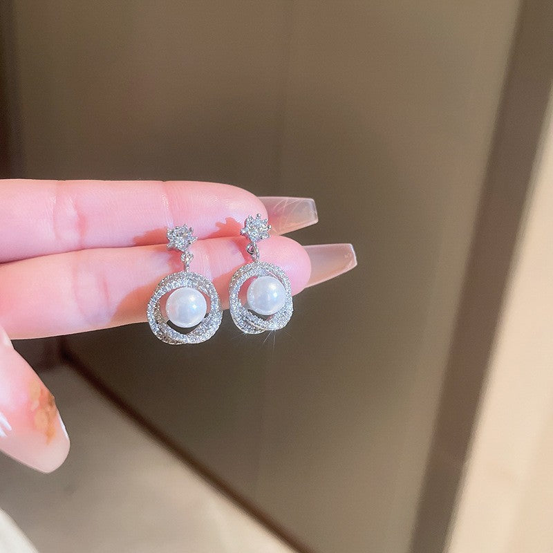 银针锆石珍珠耳环法式小众精致爆款耳钉高级感复古百搭耳饰批发女