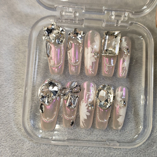 (Hand-Made Nail) Red-Letter Day Set Manicure [Real Shot] Handmade Wear Nail Pink Magic Mirror Heavy Industry Full Diamond Flash Nail Sticker 011
