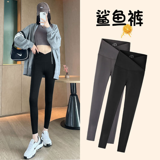 The fifth generation Fashion women's wear Cross Waist Shark Pants   Skinny Yoga Pants High Waist Shaping Yoga Weight Loss Pants Outerwear Leggings