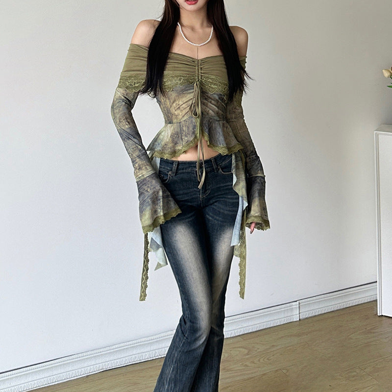 Free shipping  new women's clothing solid color slim-fit street fashion one-word collar long-sleeved halter top tops