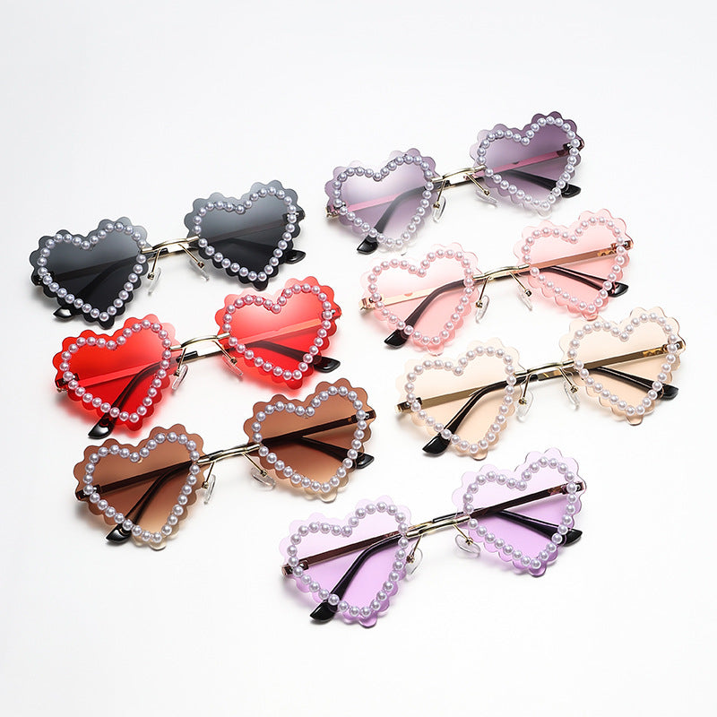 Women's fashion glasses 欧美新款无框切边镶珍珠爱心太阳镜网红街拍墨镜跨境水钻潮眼镜
