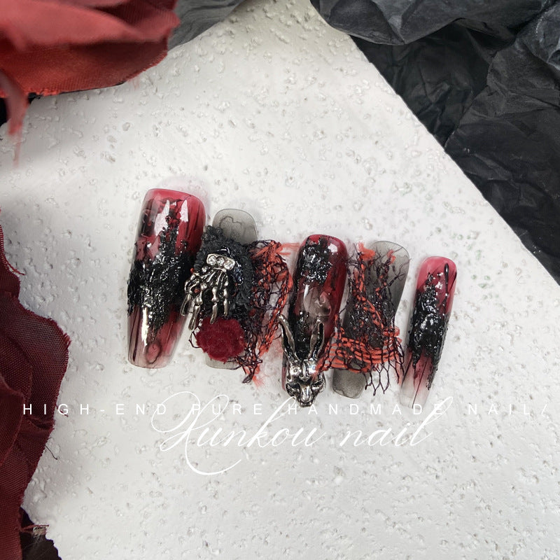 (Hand-Made Nail) Handmade Wear Nail Factory Straight Hair Dark Nail Art Halloween Skull Baroque Heavy Industry Metal Punk Goth