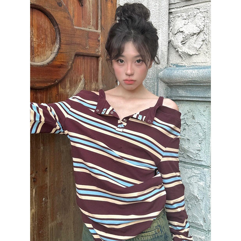 Dopamine tops Free shipping Tattoo The same striped fake two off-the-shoulder long-sleeved women's early autumn sweet and cool hot girls contrasting color T-shirt design sense niche repair body