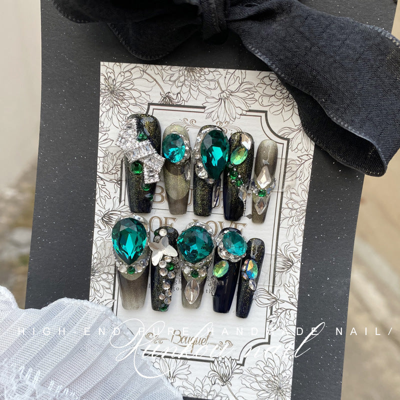 Hand-Made Nail Factory Straight Hair Green Cat Eye Flash Luxury Blue Smile Cat Eye Gradient Bow