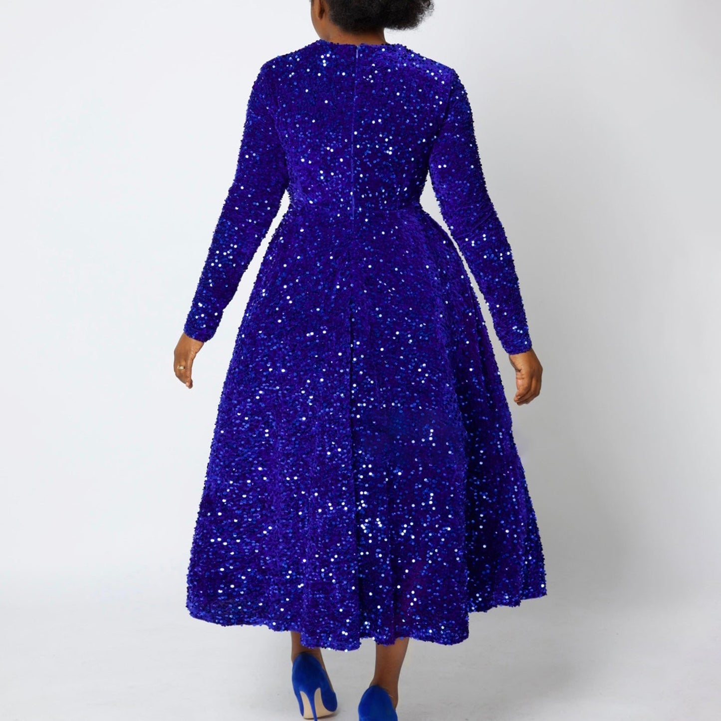 Fashion women's wear D469 Cross-Border New Arrival Women's round Neck Long Sleeve Pure Color Sequins High Waist Temperament Mid-Length Formal Dress European and American Style Dress