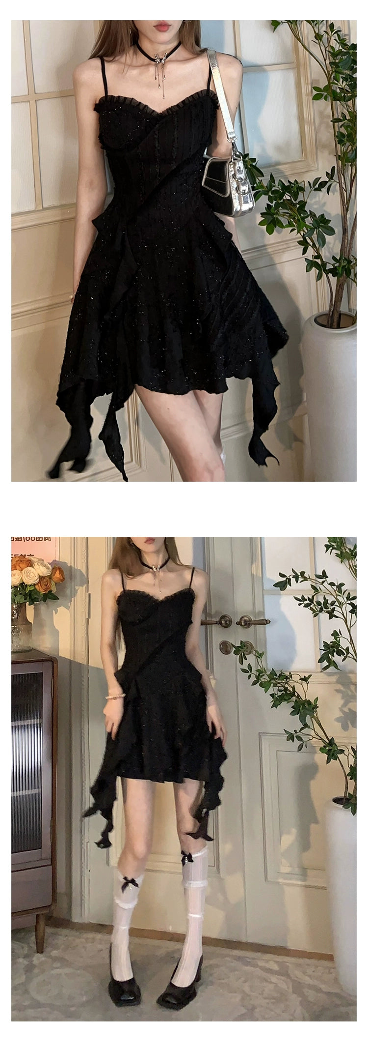 Fashion women's wear Dream Seven77 French Style Irregular Spaghetti-Strap Dress Women's Spring New Ruffled Design Short Skirt