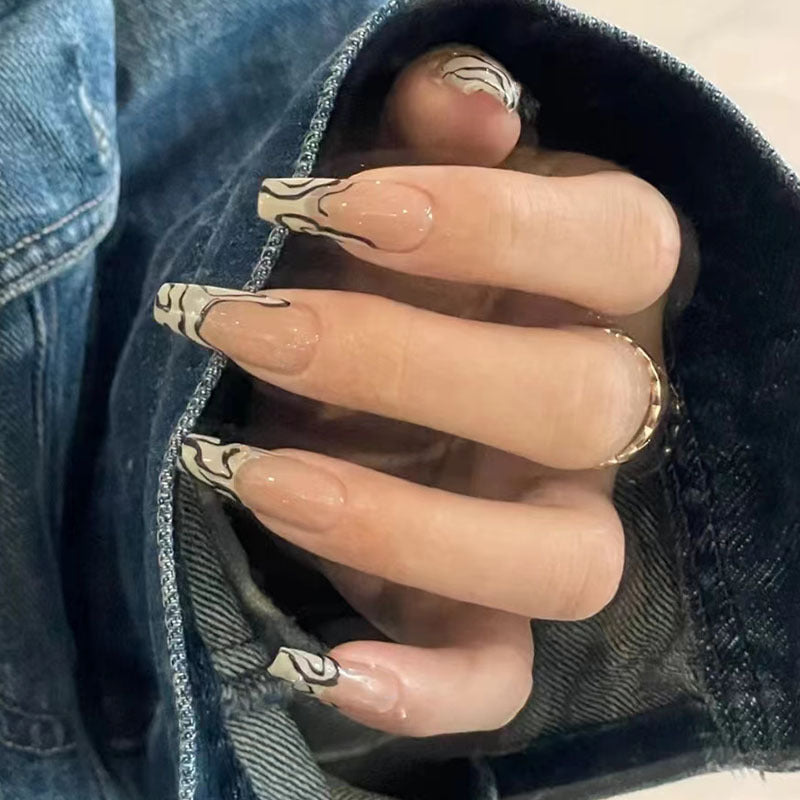 奶咖线条穿戴甲外贸指甲贴片nail美甲片不规则假指甲美甲贴片成品