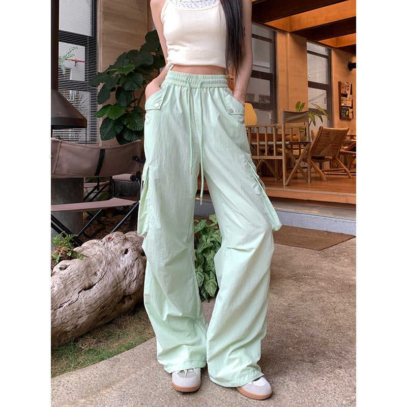 Dopamine pants Free shipping Tattoo Dopamine blue overalls women's summer American drawstring elastic waist casual pants sports tied feet wide-leg trousers