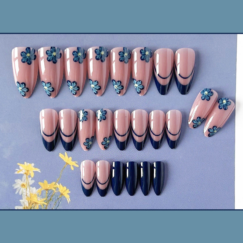 宝蓝花朵穿戴甲法式nails 跨境美甲片外贸假指甲长尖甲型美甲贴片