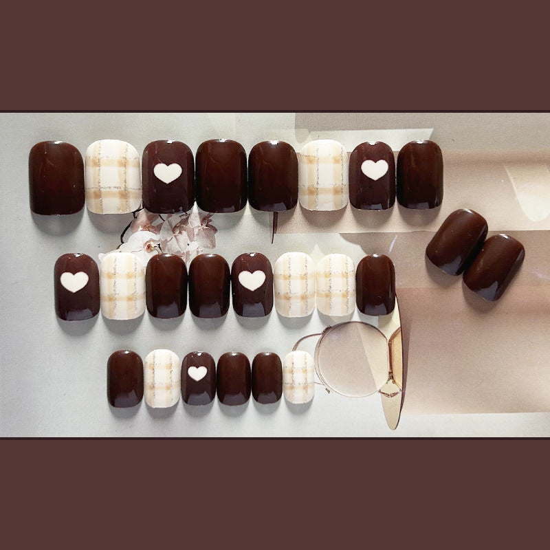 复古米棕穿戴甲跳色指甲贴片格纹美甲片新款假指甲美甲贴片成品甲