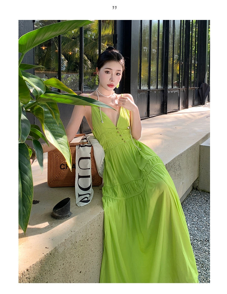 Fashion women's wear Summer Dopamine Seaside Vacation Deep V Dress Green Suspenders Ankle-Length Dress Sanya Slimming Beach Skirt Female
