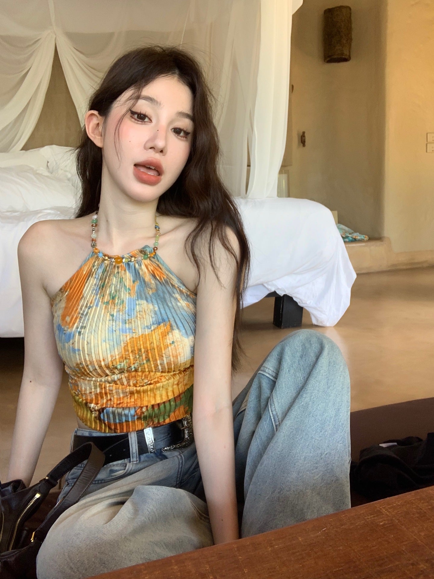 Dopamine tops Free shipping Tattoo Dopamine Thai small suspender with chest pad yellow summer body niche neck thin outer wear top women