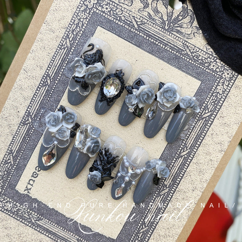 Hand-Made Nail Factory Straight Hair Manicure Black Swan Three-Dimensional Black Color with Carved Flower Rose Dark High Grade Gray