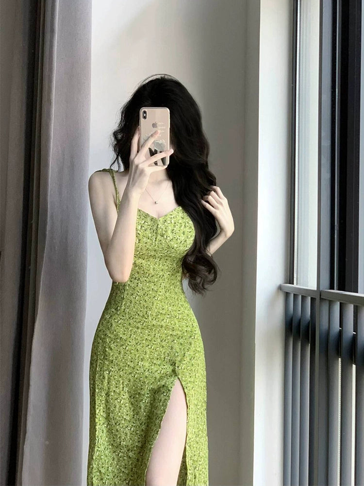 Fashion women's wear French Tea Break Floral Strap Dress Women's Spring and Summer Waist-Tight Temperament Pure Desire Seaside Holiday Split Long Skirt