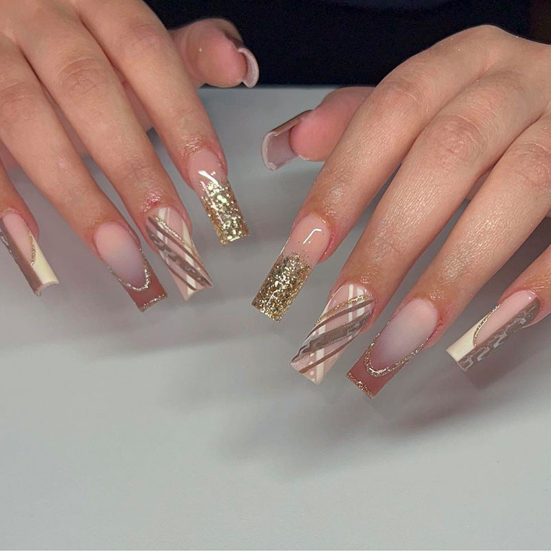 格纹渐变穿戴甲渐变nails 跨境美甲片外贸假指甲长梯甲型美甲贴片