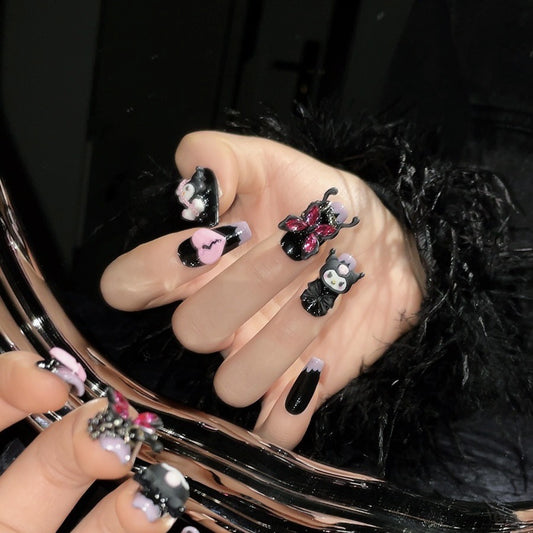 (reusable nail)Hand-worn nail nail patch nail patch smudged black powder Kuromi chain detachable manicure