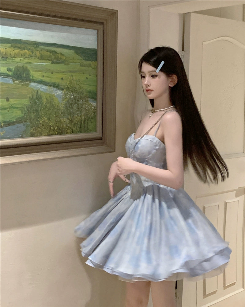 Fashion women's wear Tea Break French Style Fishbone Sling Dress Fairy Birthday Dinner Suit Disney Princess on the Run Bubble Skirt