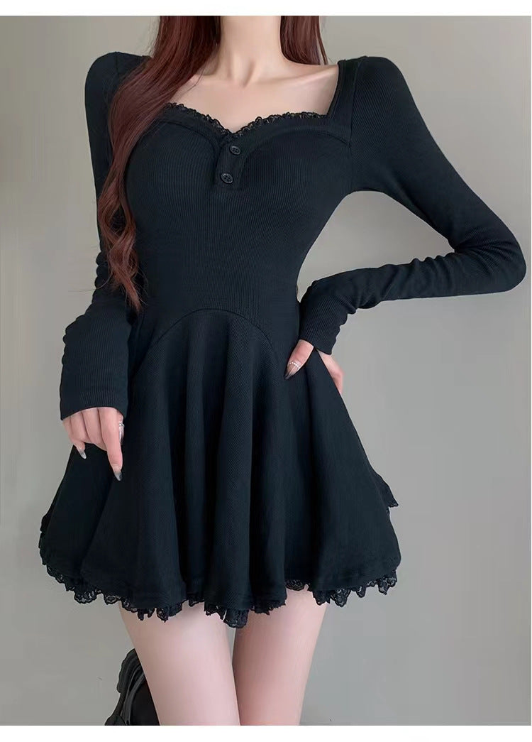 Fashion women's wear Gray Hot Girl Long Sleeve Dress Women's Clothing Autumn Sweet Lace Small Temperament Waist-Controlled A- line Skirt