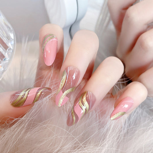 Fashion  nail Pink Barbie Corrugated Long Almond Nail Glitter Hot Girl Ins Style European and American Foreign Trade Nail Tip Wear Nail Tip A60