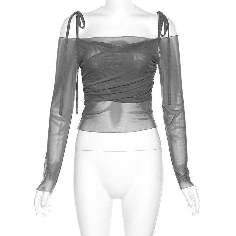 Free shipping Tattoo European and American style 2024 summer new women's clothing Spice Girl one-word collar shoulder sleeves long sleeves waist open button slim T-shirt tops