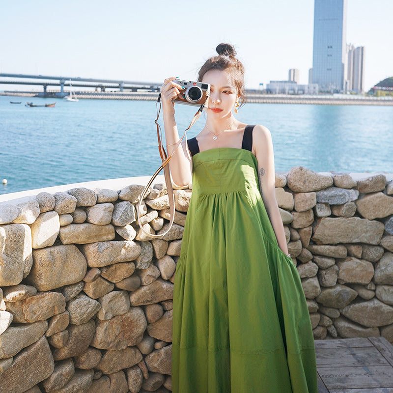 Fashion women's wear Real Shot Design Sense Niche Avocado Green Sling Dress Women's Summer Covering Belly Thin Sanya Vacation Style Dress